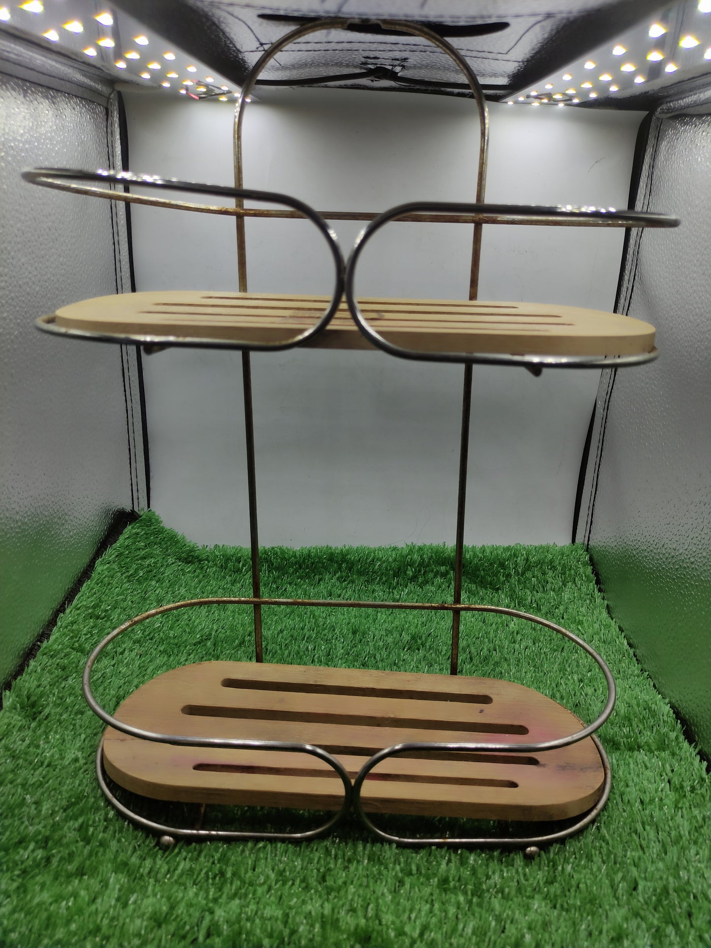 METAL AND WOOD TWO TIER BATHROOM SHOWER CADDY