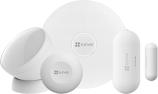 EZVIZ Alarm 4-Piece Sensor Kit Wi-Fi, PIR Human Motion Detector, Open/Close Contact Sensor for Door/Window, SOS Emergency Button for Elderly, Security System with Home Gateway, APP Instant Alerts