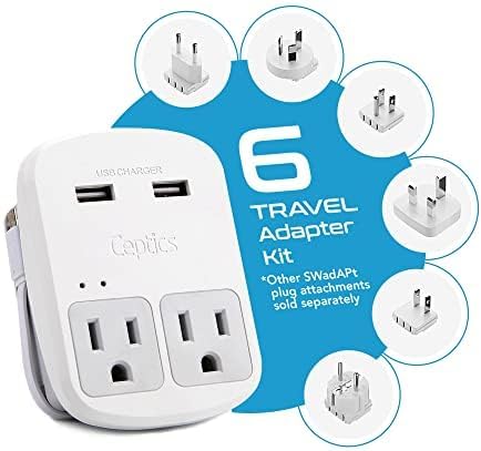 Ceptics Universal Travel Adapter Kit – 2 USA sockets, 2 USB-A (1x QC 3.0) and USB-C cable, Surge Protected, Plugs for EU, UK, China, AU, Japan - Use with Laptop, Phones, Cameras - ETL Tested
