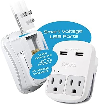 Ceptics Universal Travel Adapter Kit – 2 USA sockets, 2 USB-A (1x QC 3.0) and USB-C cable, Surge Protected, Plugs for EU, UK, China, AU, Japan - Use with Laptop, Phones, Cameras - ETL Tested