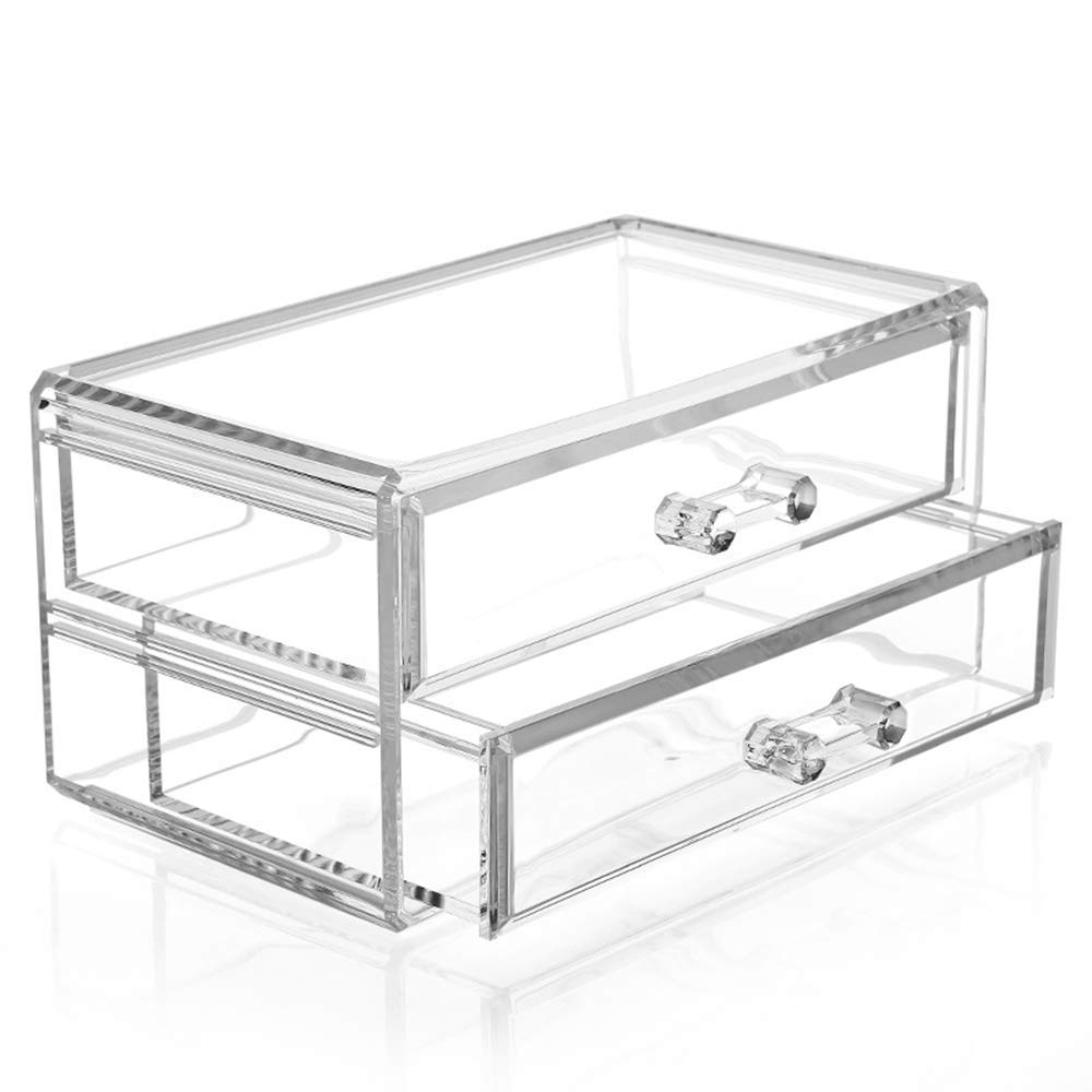 AB SALES Crystal Clear Acrylic, Deluxe Deep Drawer Makeup and Jewelry Organizer with 2 Deep Storage Drawers for Lipstick, Brushes, Nail Polish, Compacts and Cosmetics(10X9X18 Cm), Transparent