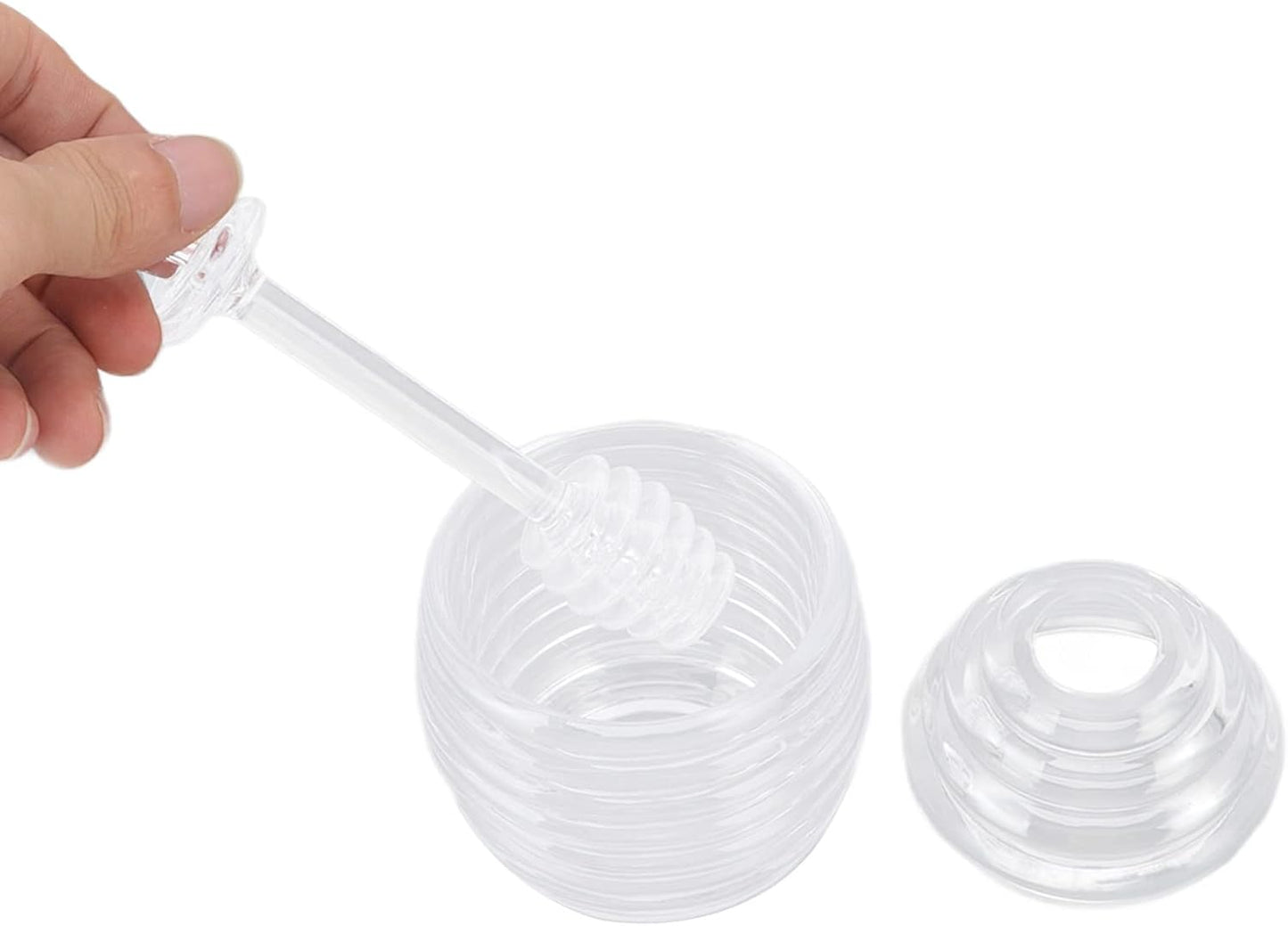 Glass Honey Jar,Transparent Honey Pot with Stirring Rod and Pot Lid,Food Grade Plastic Honey Jar,Bee Shape Honey Pot for Kitchen Living Room Office