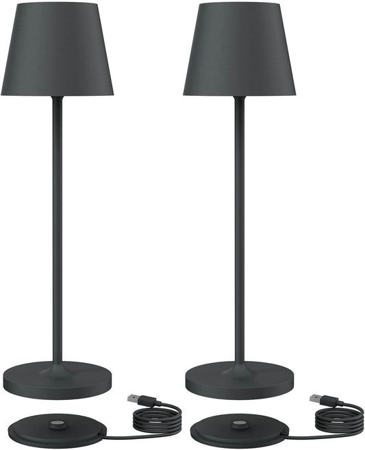 Klighten Set of 2 LED Rechargeable Table Lamp, Warm Light 3000K Adjustable Aluminum Desk Lamps with USB Charging Dock, IP54, Anthracite, Portable, Indoor/Outdoor