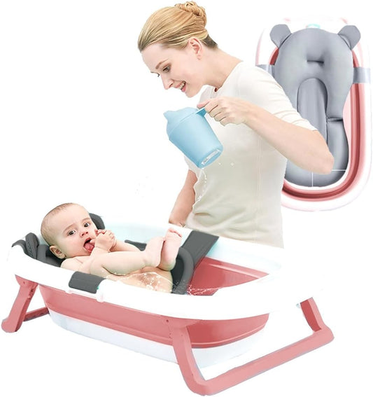 Baby Bath Tub with Soft Cushion Pad, Foldable Lightweight Anti-Slip Ergonomic Design, Portable Travel and Home Use Bathing Essentials for Newborn and Toddlers 0-36 Months
