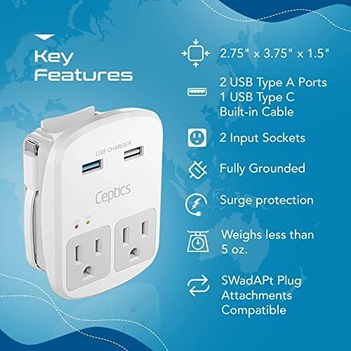Ceptics Universal Travel Adapter Kit – 2 USA sockets, 2 USB-A (1x QC 3.0) and USB-C cable, Surge Protected, Plugs for EU, UK, China, AU, Japan - Use with Laptop, Phones, Cameras - ETL Tested