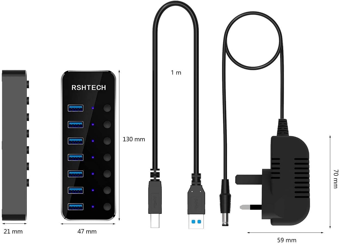 RSHTECH USB Hub Powered 7 Port USB 3.0 Data Hub Aluminum USB Extension Splitter with Individual On/Off Switch Universal AC to DC 5V Power Adapter (RSH-518)