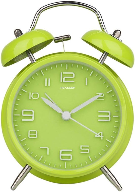 Peakeep 4" Twin Bell Alarm Clock with Stereoscopic Dial, Backlight, Battery Operated Loud Alarm Clock Green MHP3122