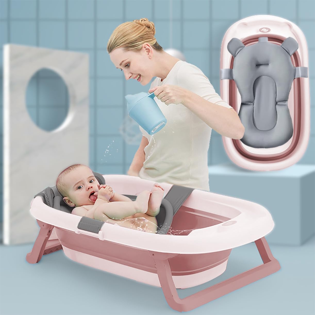 Baby Bath Tub with Soft Cushion Pad, Foldable Lightweight Anti-Slip Ergonomic Design, Portable Travel and Home Use Bathing Essentials for Newborn and Toddlers 0-36 Months