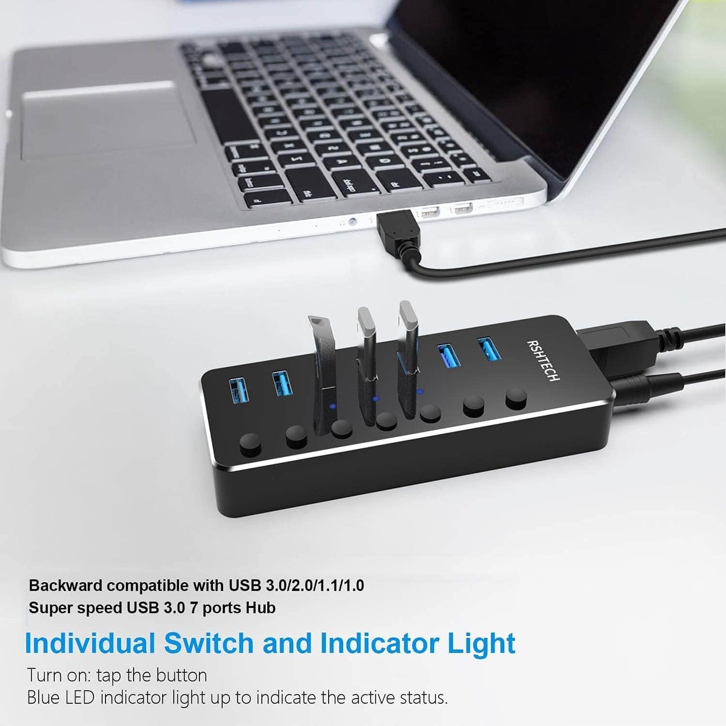 RSHTECH USB Hub Powered 7 Port USB 3.0 Data Hub Aluminum USB Extension Splitter with Individual On/Off Switch Universal AC to DC 5V Power Adapter (RSH-518)