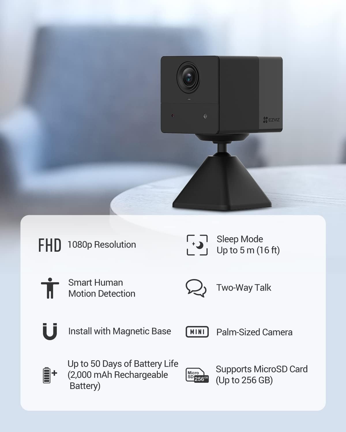 EZVIZ BC2 Security Camera with Battery, 1080p WiFi camera CCTV with PIR Motion, smart Human Detection, Two Way Audio Talk, Easy Install with Magnetic Base, supported Cloud & SD card Storage