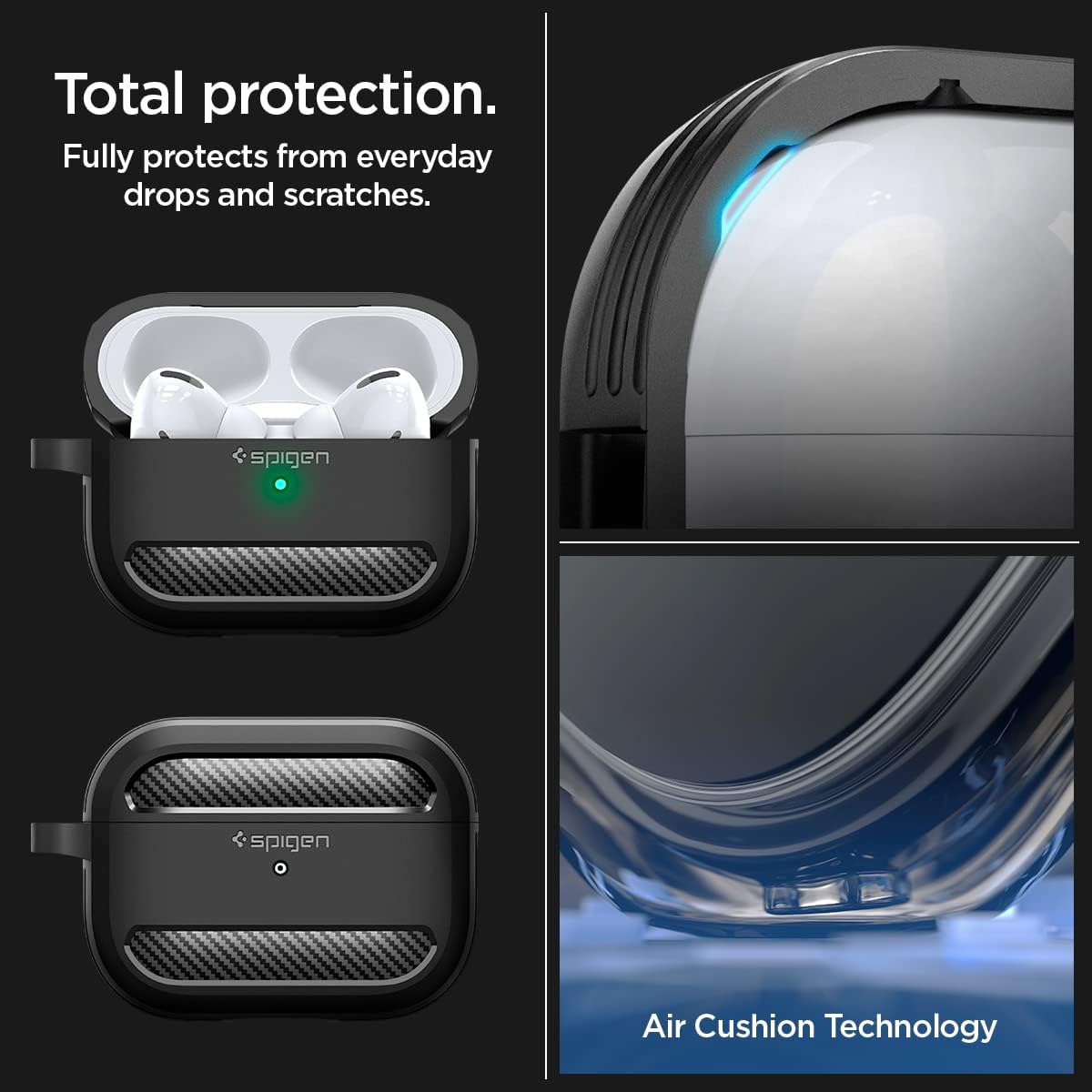 Spigen Rugged Armor Designed for AirPods Pro 2nd Generation Case 2022/2023 (USB-C/Lightning Cable) Cover with Keychain - Matte Black