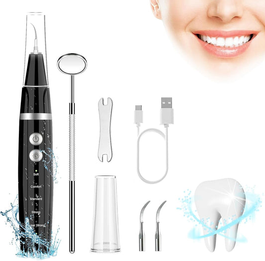 Ultrasonic Tooth Cleaner - Plaque Remover for Teeth Remove Teeth Stain tarter Plaque Calculus - with Led 3 Adjustable Modes 2 Replaceable Clean Heads - 100% Safe