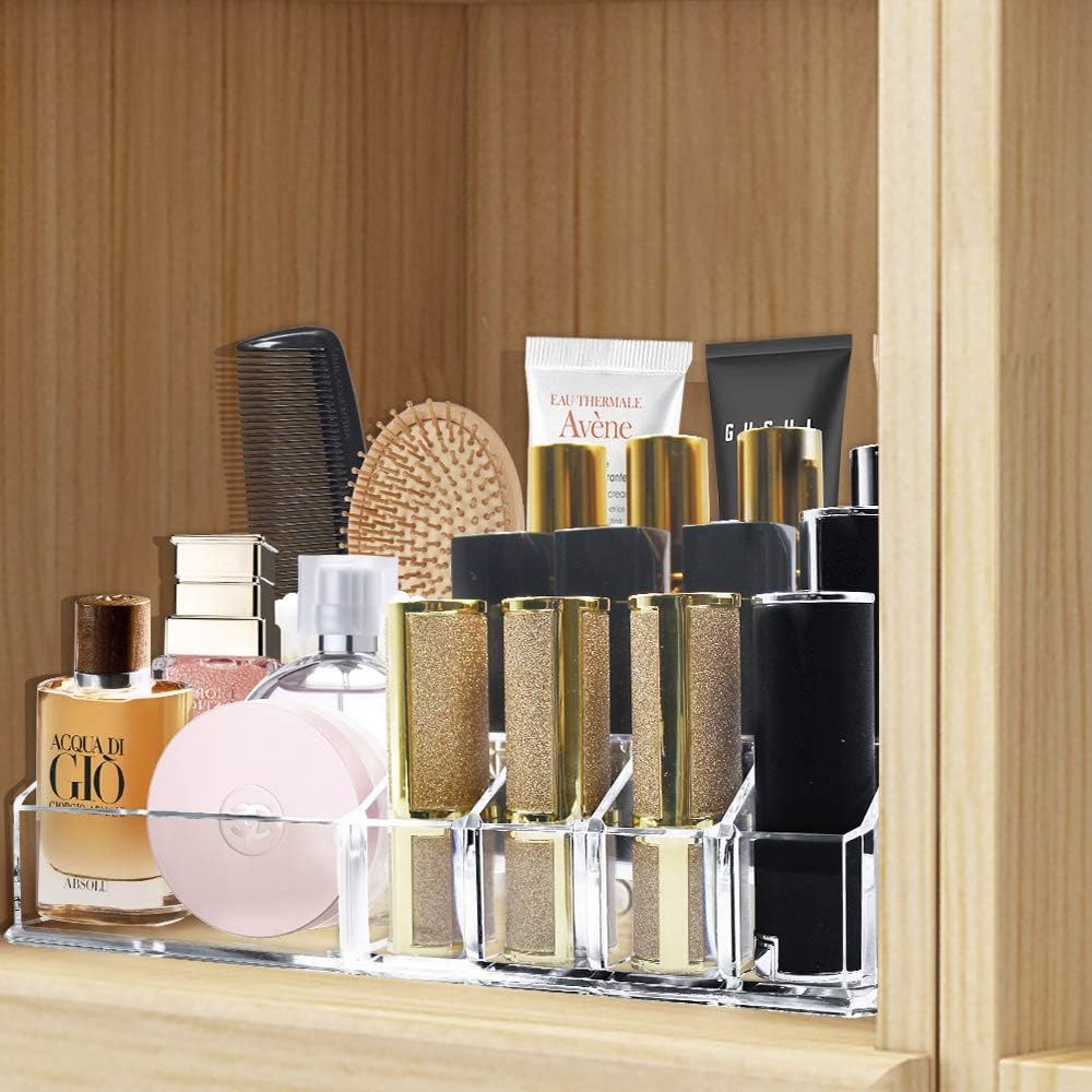 Ubitree Makeup Organizer, Acrylic Lipstick Rack with 16 Sections for Lipstick, Makeup Brush, Eyeliner, Nail Gel Perfume, Save Space Cosmetic Storage Tray for Bathroom, Dressing Room, Bedroom