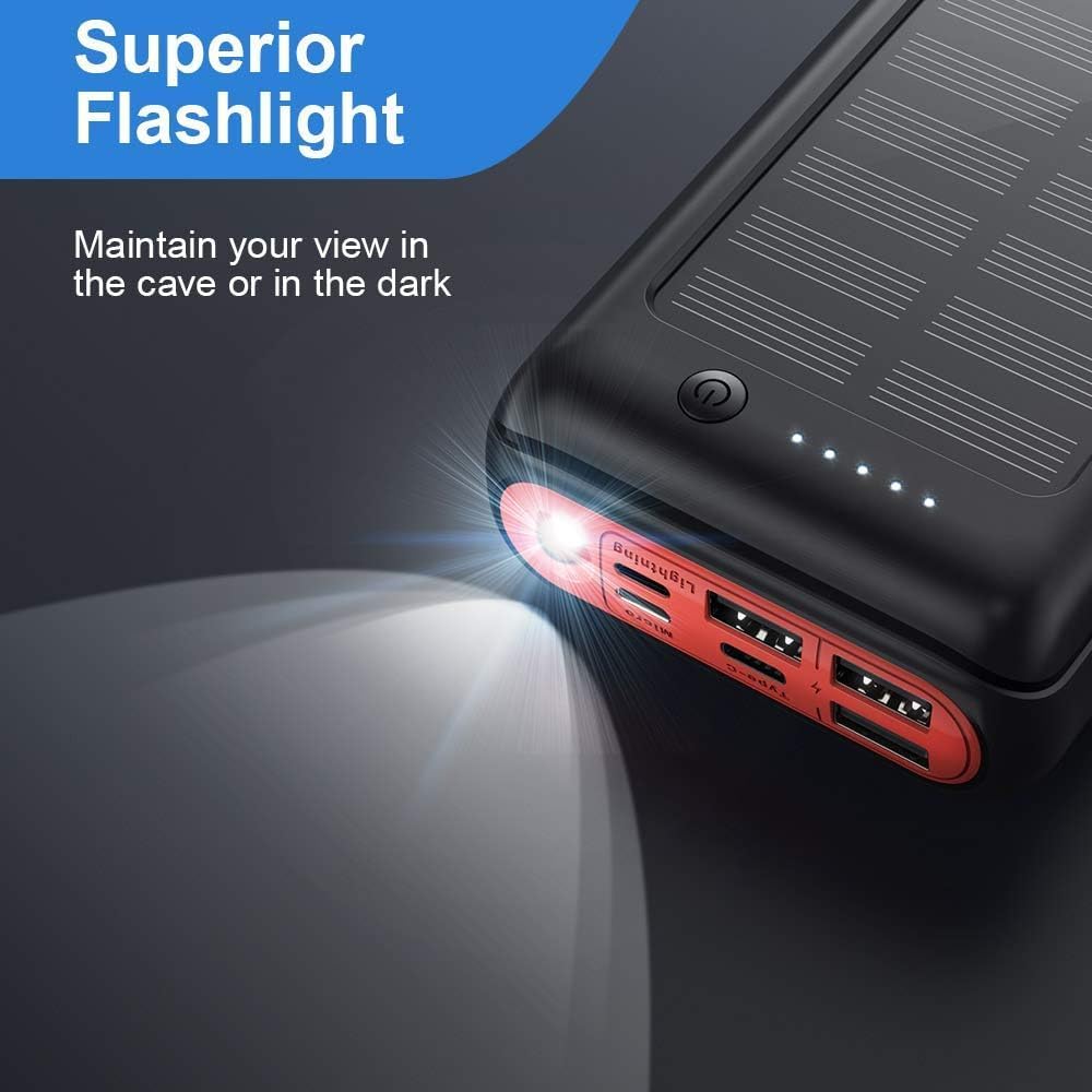 JIGA Solar Charger, 30000mAh Solar Power Bank, Quick Portable Charger Pack with 4 Inputs 3 Outputs & Flashlight, External Backup Battery Huge Capacity Phone Charger for iPhone, iPad, Samsung etc
