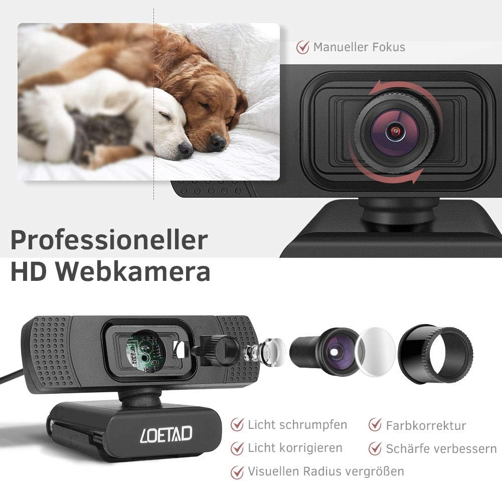 Loetad Webcam, 1080P Full HD PC Camera with Microphone USB for Video Chat Streaming Compatible with Windows Mac OS Android (Multi-Way Packaging)
