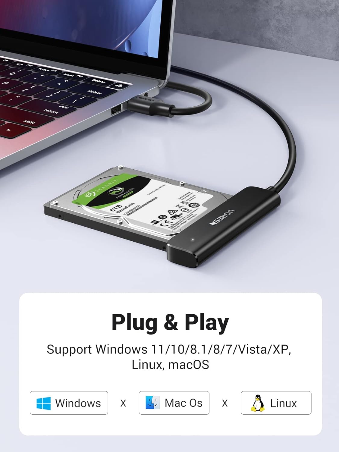 UGREEN USB 3.0 SATA Cable Adapter for SSD and Hard Drives 2.5 Inch External Hard Drive Supports UASP Trim Smart, Compatible with Windows Mac OS Chrome OS Linux 0.5M