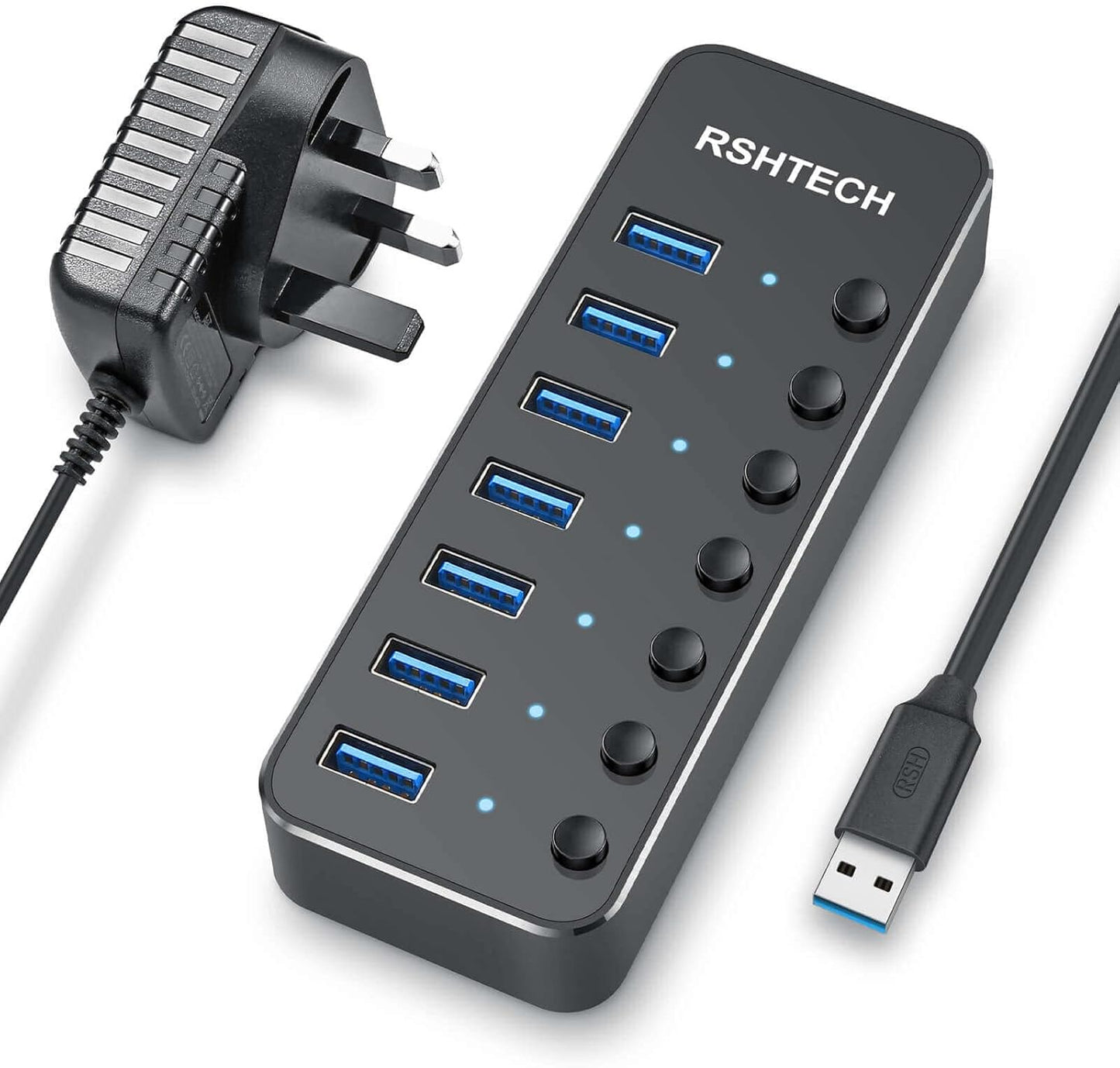 RSHTECH USB Hub Powered 7 Port USB 3.0 Data Hub Aluminum USB Extension Splitter with Individual On/Off Switch Universal AC to DC 5V Power Adapter (RSH-518)