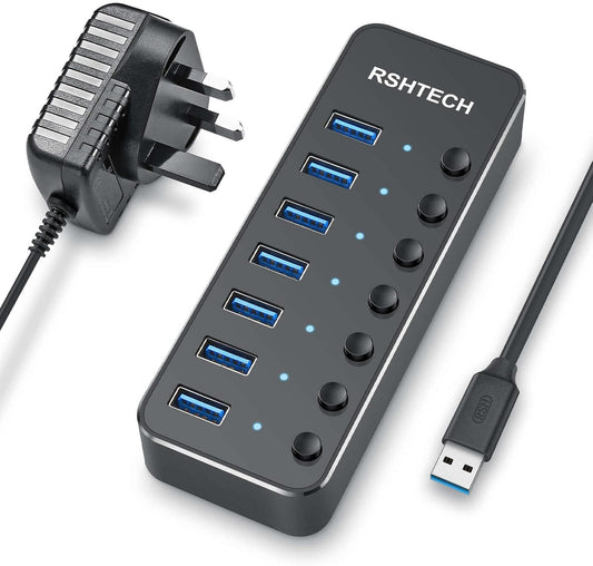 RSHTECH USB Hub Powered 7 Port USB 3.0 Data Hub Aluminum USB Extension Splitter with Individual On/Off Switch Universal AC to DC 5V Power Adapter (RSH-518)