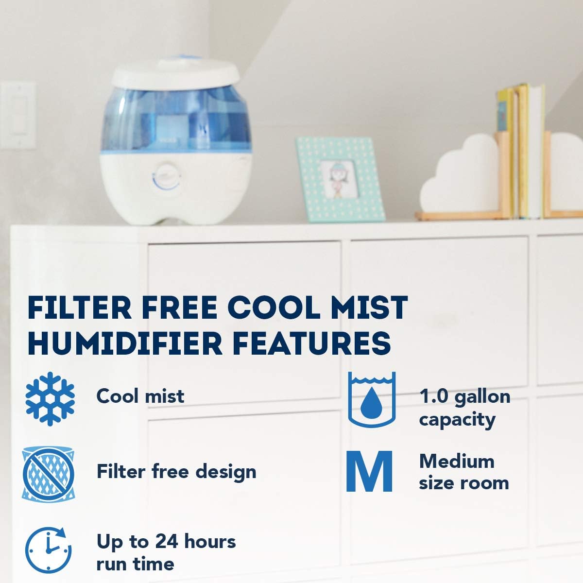 Vicks Sweet Dreams Cool Mist Humidifier, Blue, Medium Room, 1 Gallon Tank – Filter Free Cool Mist Humidifier for Baby and Kids Rooms with Light Up Display, Works with Vicks VapoPads