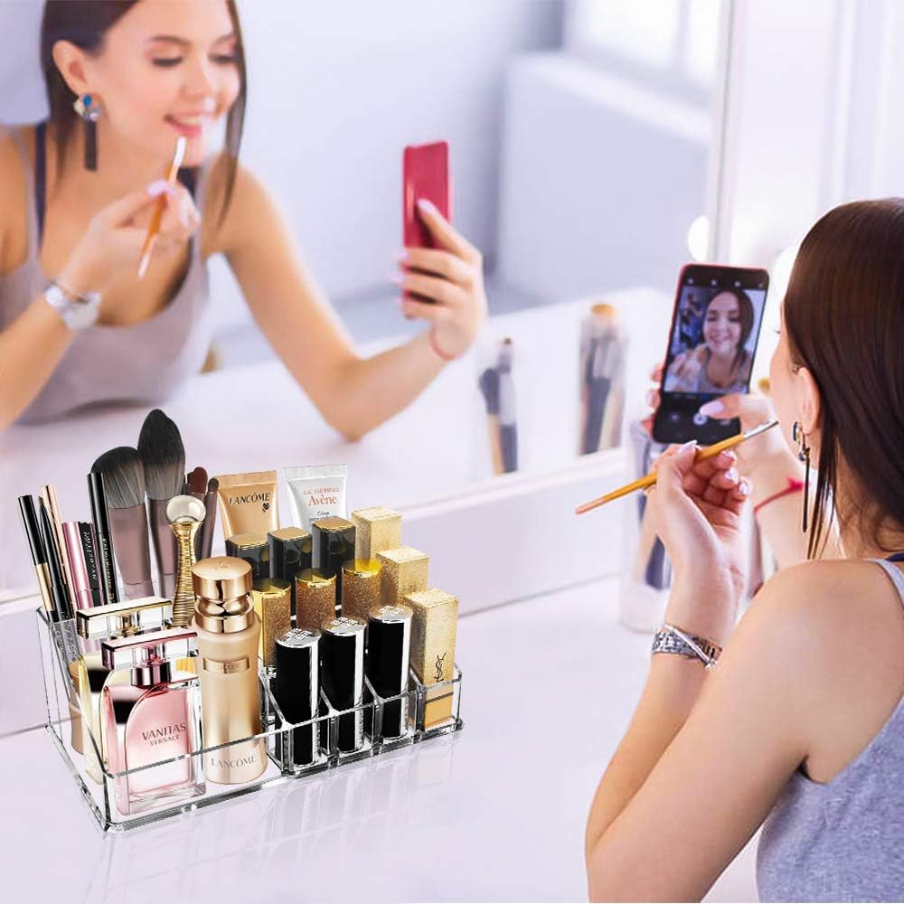 Ubitree Makeup Organizer, Acrylic Lipstick Rack with 16 Sections for Lipstick, Makeup Brush, Eyeliner, Nail Gel Perfume, Save Space Cosmetic Storage Tray for Bathroom, Dressing Room, Bedroom