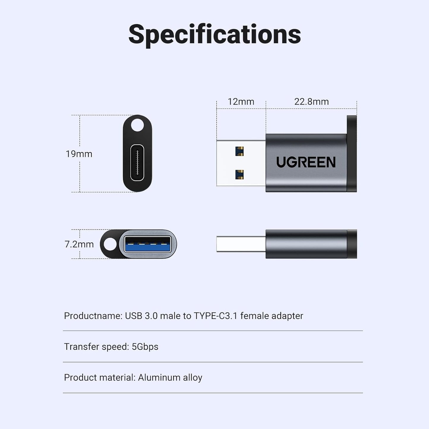 UGREEN USB to USB C Adapter, 10Gbps USB Male to Type C Female Adaptor, USB 3.2 Gen 1 Fast Charging Compatible with iPhone 16 15 Pro Max iPad Galaxy S23 Series Laptops Pixel 6 (Black)
