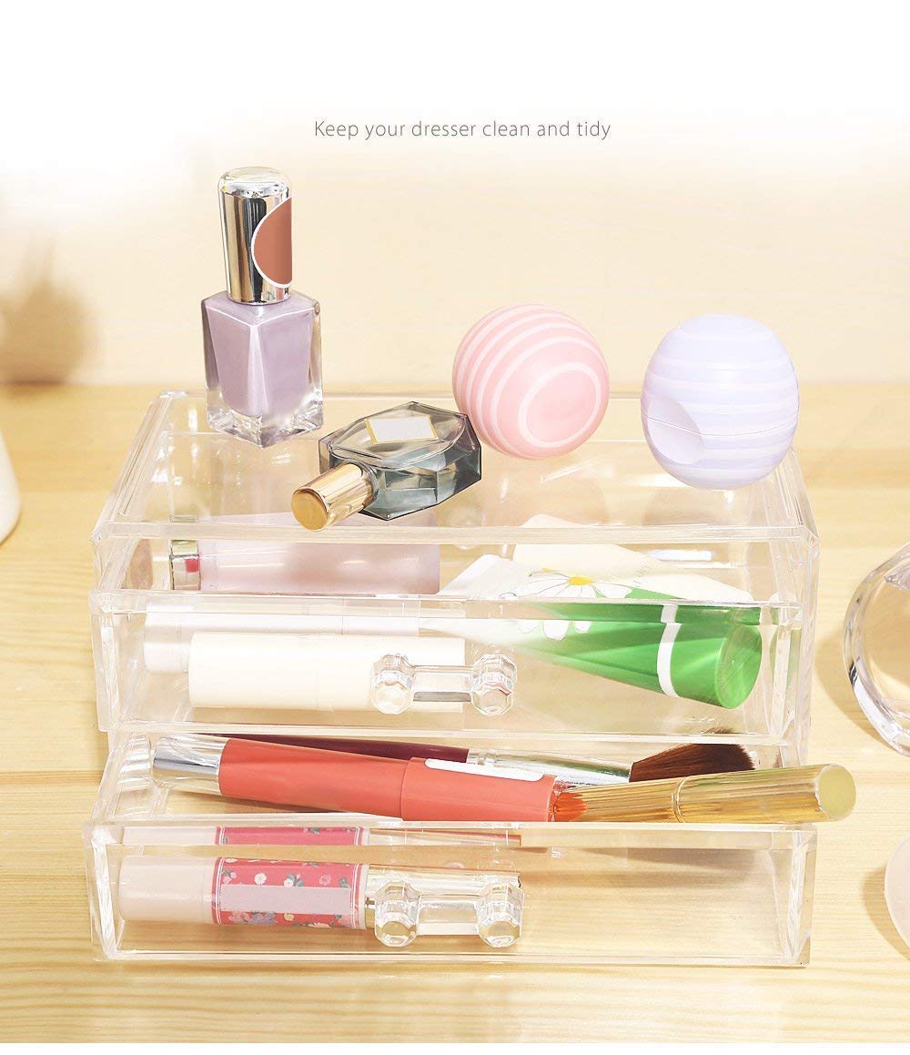 AB SALES Crystal Clear Acrylic, Deluxe Deep Drawer Makeup and Jewelry Organizer with 2 Deep Storage Drawers for Lipstick, Brushes, Nail Polish, Compacts and Cosmetics(10X9X18 Cm), Transparent