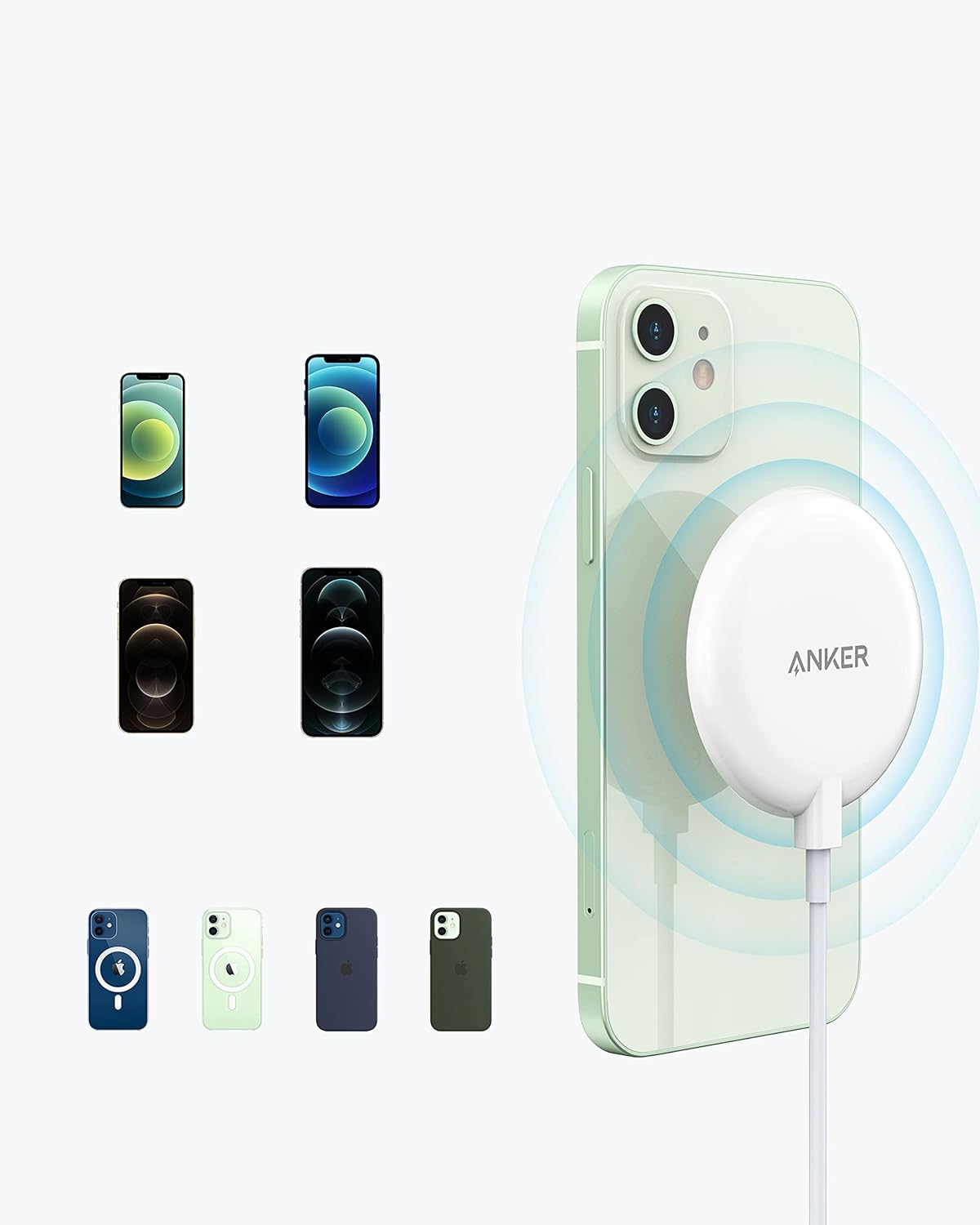Anker Magnetic Wireless Charger, with 5 ft Built-in USB-C Cable, PowerWave Magnetic Pad Lite Only for iPhone 12/12 Pro / 12 Pro Max / 12 Mini (No AC Adapter)