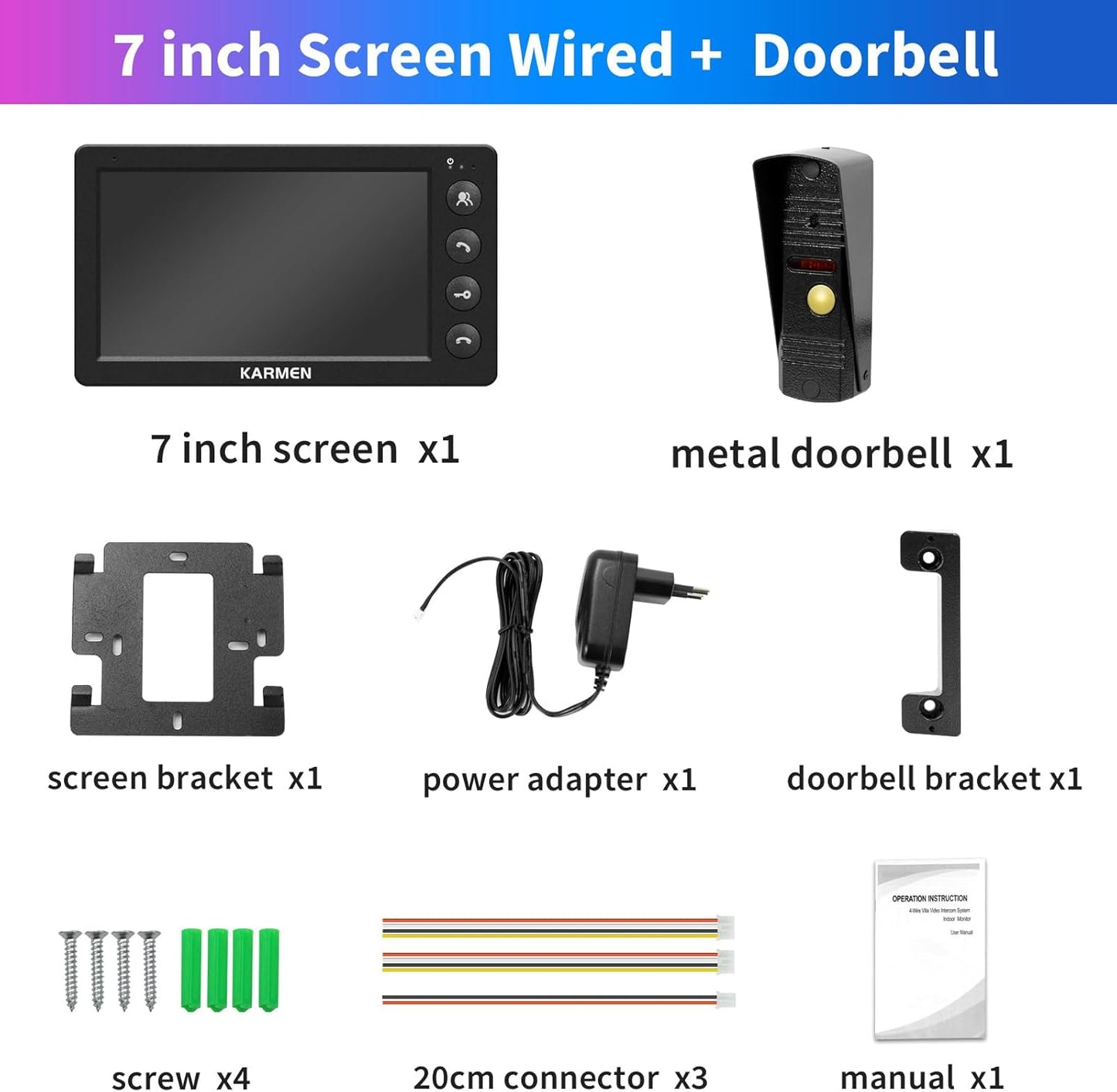 Karmen 7 Inch Video Doorman, Metal Doorbell, Infrared Night Vision, IP65 Waterproof, 16 Tones, Remote Control, Black