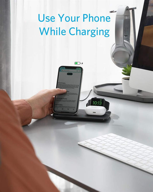 Anker Wireless Charging Station with Adapter, PowerWave 3-in-1 Qi-Certified Stand for iPhone 14 Series, AirPods Pro, Apple Watch Series 1-6 (Watch Charging Cable Not Included)