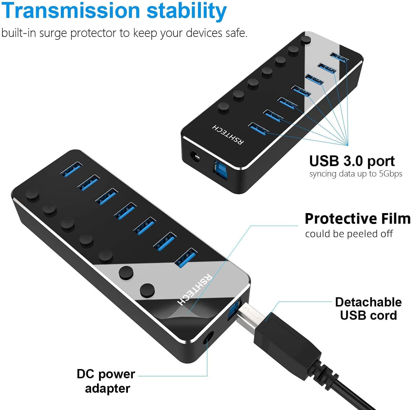 RSHTECH USB Hub Powered 7 Port USB 3.0 Data Hub Aluminum USB Extension Splitter with Individual On/Off Switch Universal AC to DC 5V Power Adapter (RSH-518)
