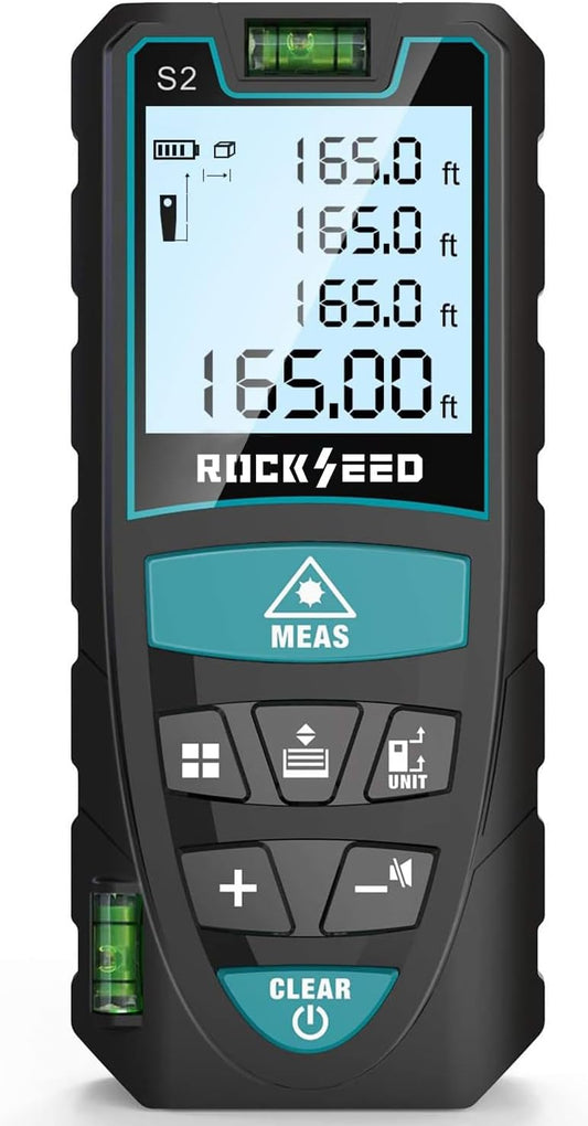 Laser Measure 50M/165ft,RockSeed Digital Laser Distance Meter with 2 Bubble Levels,Portable M/in/Ft Unit Switching Backlit LCD and Measuring...