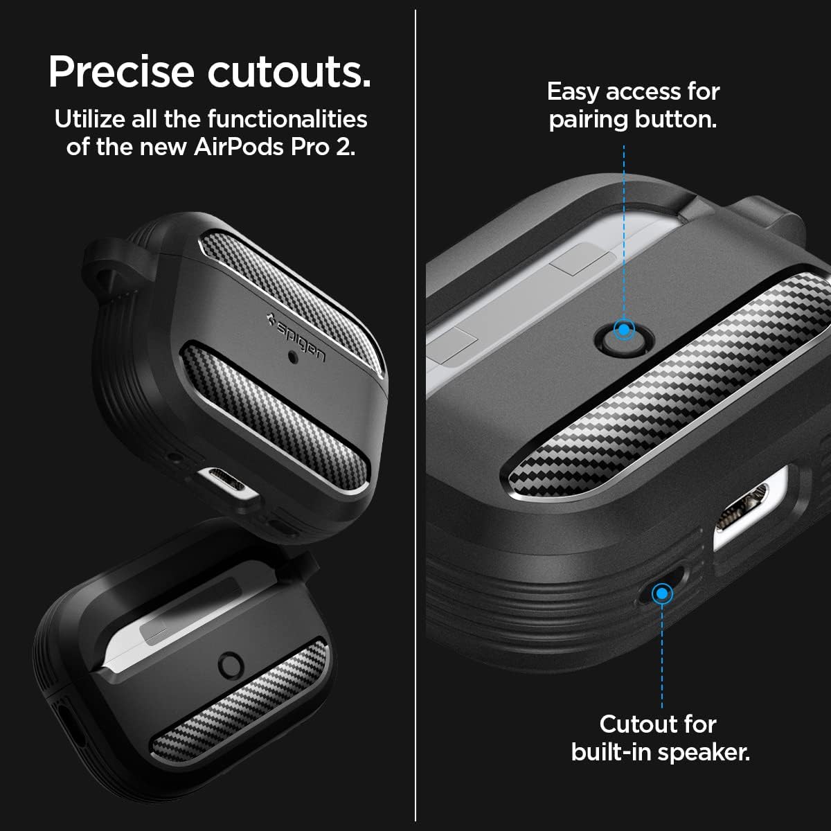 Spigen Rugged Armor Designed for AirPods Pro 2nd Generation Case 2022/2023 (USB-C/Lightning Cable) Cover with Keychain - Matte Black