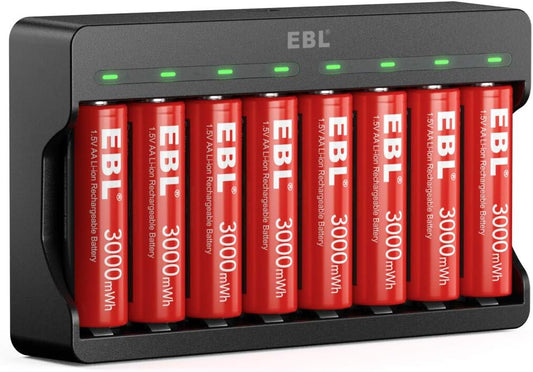 EBL 8 Slots Smart Li-ion Charger for AA AAA Li-ion Rechargeable Batteries with 8 Pack 3000mWh AA Lithium-ion Battery
