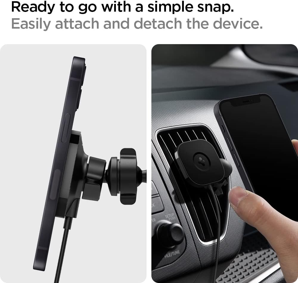 Spigen OneTap Pro (MagFit) Designed for MagSafe Wireless Charger Air Vent Car Mount with Smart Vent Wing Compatible with iPhone 16 Pro Max, 16 Pro, 16 Plus, 15, 14, 13, and 12 Series