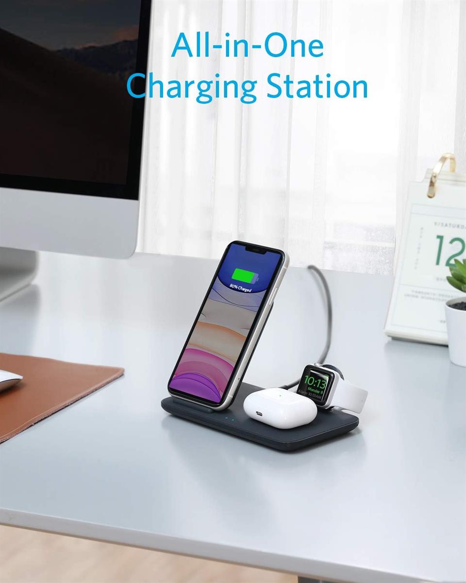 Anker Wireless Charging Station with Adapter, PowerWave 3-in-1 Qi-Certified Stand for iPhone 14 Series, AirPods Pro, Apple Watch Series 1-6 (Watch Charging Cable Not Included)