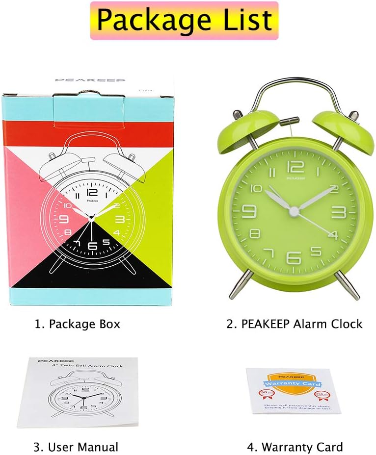 Peakeep 4" Twin Bell Alarm Clock with Stereoscopic Dial, Backlight, Battery Operated Loud Alarm Clock Green MHP3122