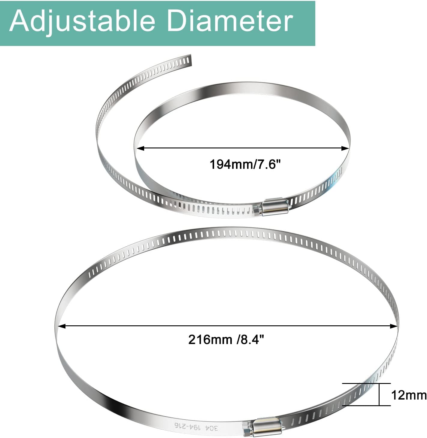 NEBURORA 8 Inch Hose Clamp Adjustable 304 Stainless Steel Duct Clamp 4 Pack Worm Gear Clamps 7.6"-8.4" Diameter Fuel Line Hose Pipe Clamp for Dryer Vent Air Duct Automotive Plumb