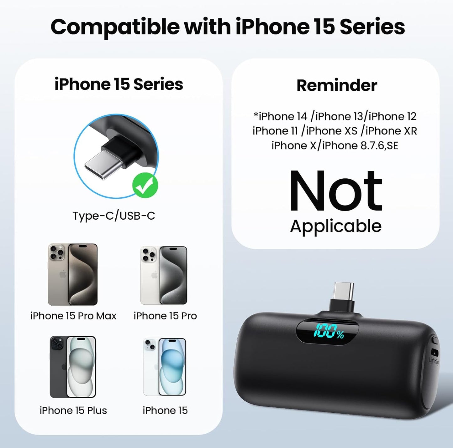 Mini Portable Charger 5000mAh Power Bank,15W PD USB C Cell Phone Portable Power,LCD Display Battery Pack Compatible With iPhone 16/15/15 Plus/15 Pro/15 Pro Max/Android/Samsung/Moto/LG(Type-C Only)