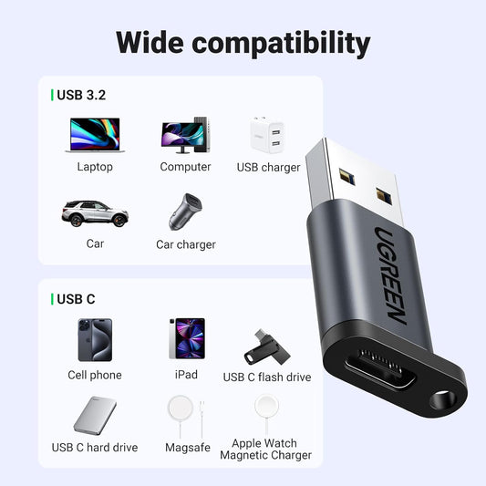 UGREEN USB to USB C Adapter, 10Gbps USB Male to Type C Female Adaptor, USB 3.2 Gen 1 Fast Charging Compatible with iPhone 16 15 Pro Max iPad Galaxy S23 Series Laptops Pixel 6 (Black)