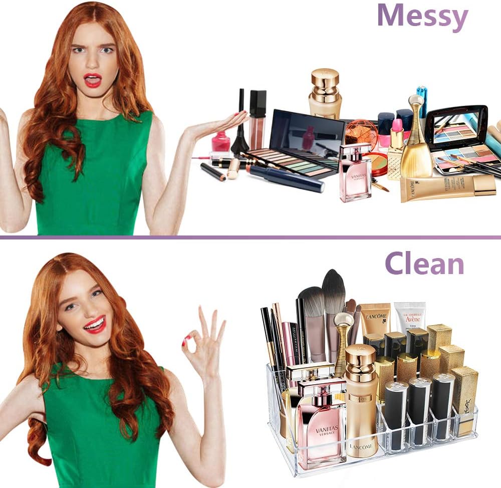 Ubitree Makeup Organizer, Acrylic Lipstick Rack with 16 Sections for Lipstick, Makeup Brush, Eyeliner, Nail Gel Perfume, Save Space Cosmetic Storage Tray for Bathroom, Dressing Room, Bedroom