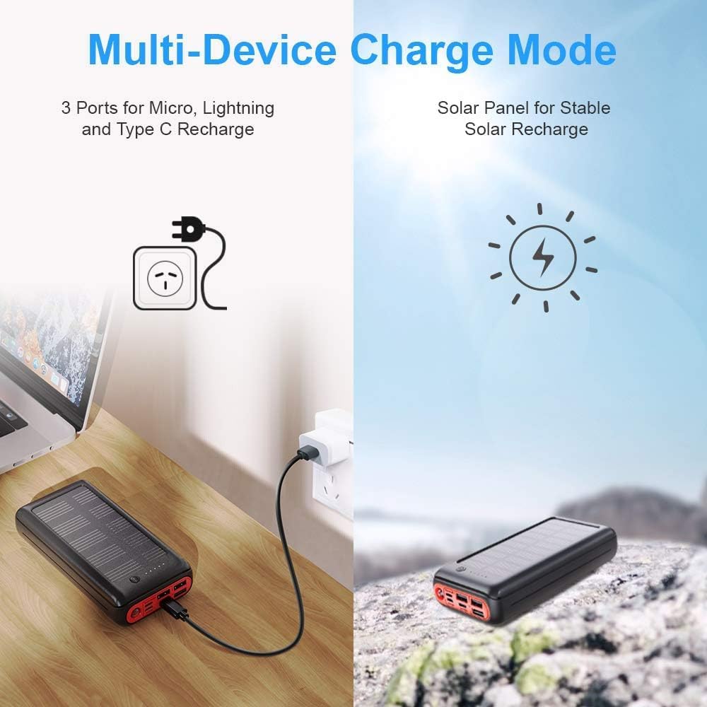 JIGA Solar Charger, 30000mAh Solar Power Bank, Quick Portable Charger Pack with 4 Inputs 3 Outputs & Flashlight, External Backup Battery Huge Capacity Phone Charger for iPhone, iPad, Samsung etc