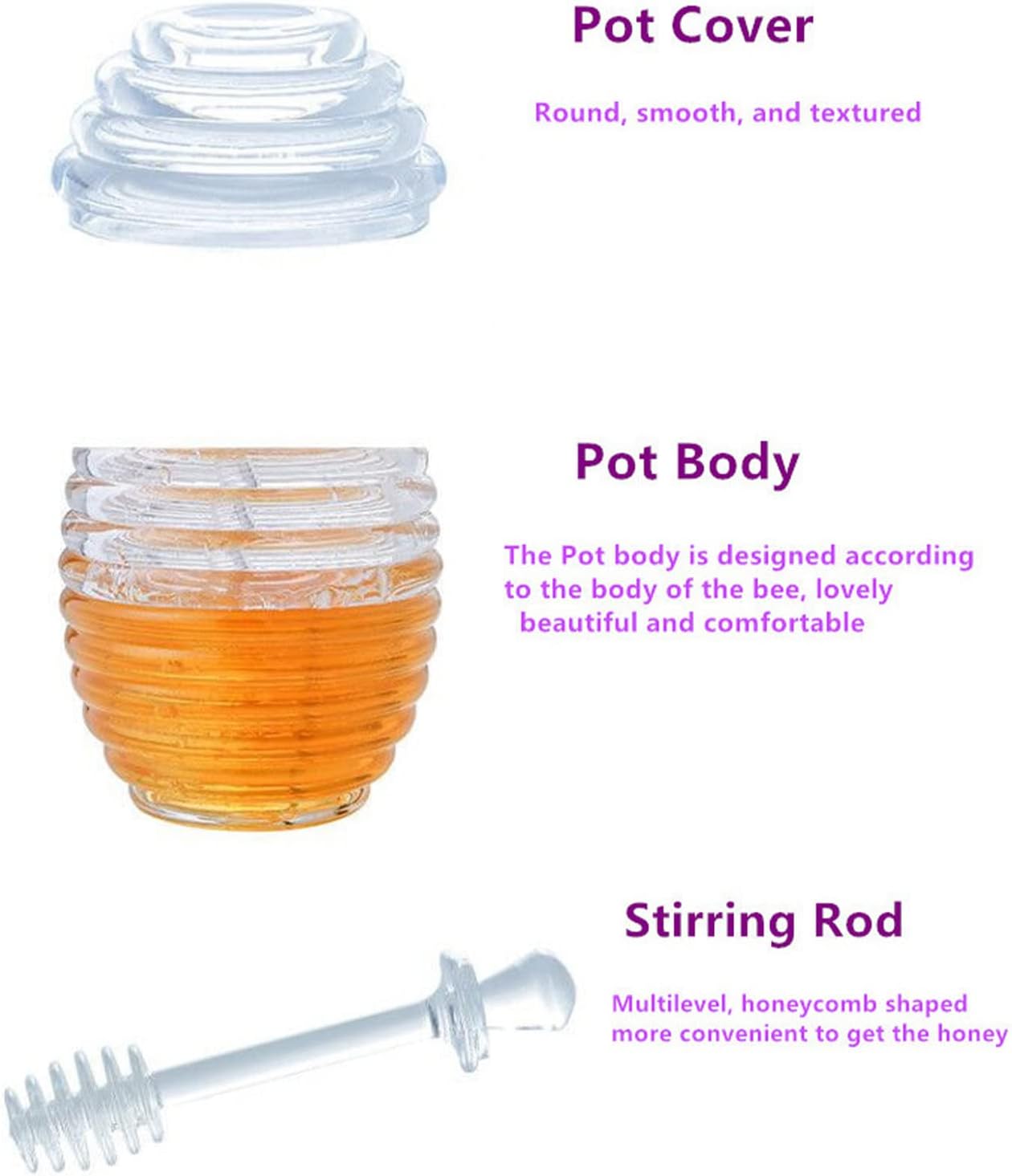 Glass Honey Jar,Transparent Honey Pot with Stirring Rod and Pot Lid,Food Grade Plastic Honey Jar,Bee Shape Honey Pot for Kitchen Living Room Office