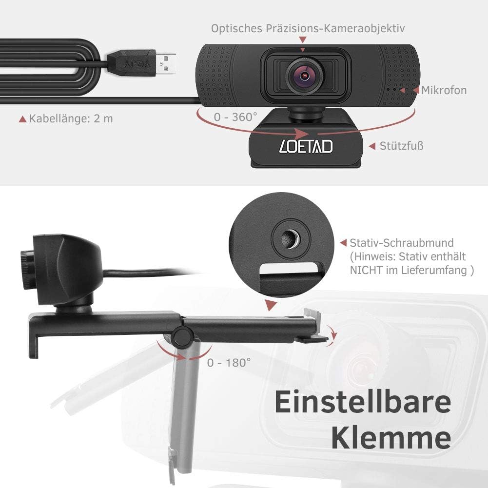 Loetad Webcam, 1080P Full HD PC Camera with Microphone USB for Video Chat Streaming Compatible with Windows Mac OS Android (Multi-Way Packaging)