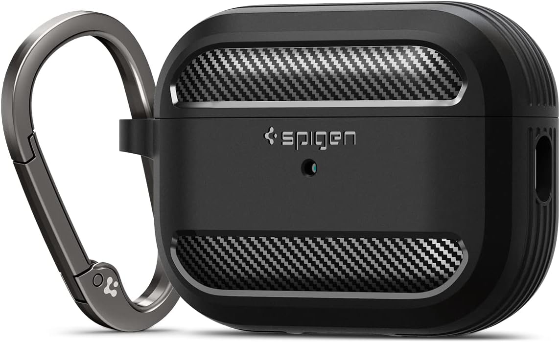 Spigen Rugged Armor Designed for AirPods Pro 2nd Generation Case 2022/2023 (USB-C/Lightning Cable) Cover with Keychain - Matte Black