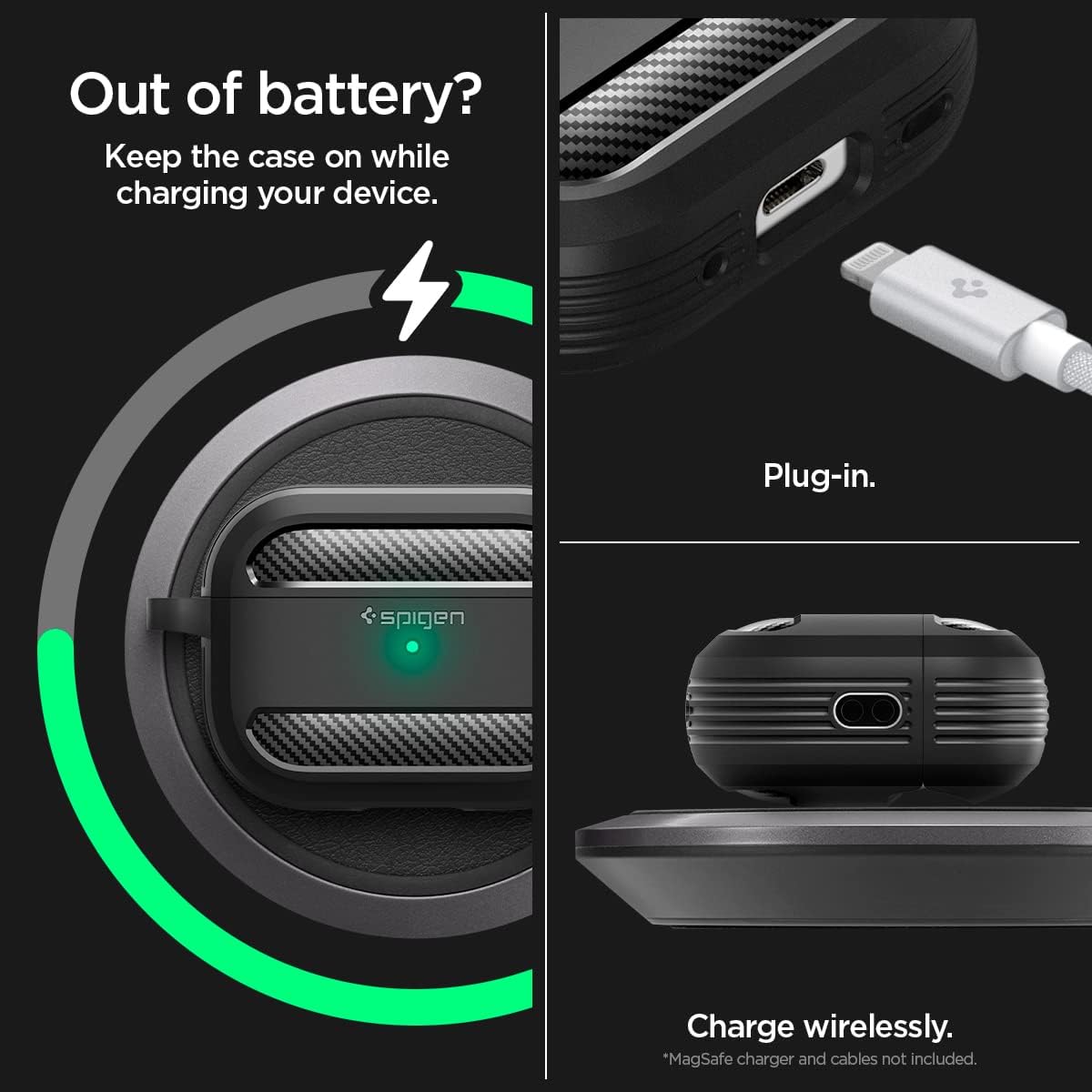 Spigen Rugged Armor Designed for AirPods Pro 2nd Generation Case 2022/2023 (USB-C/Lightning Cable) Cover with Keychain - Matte Black