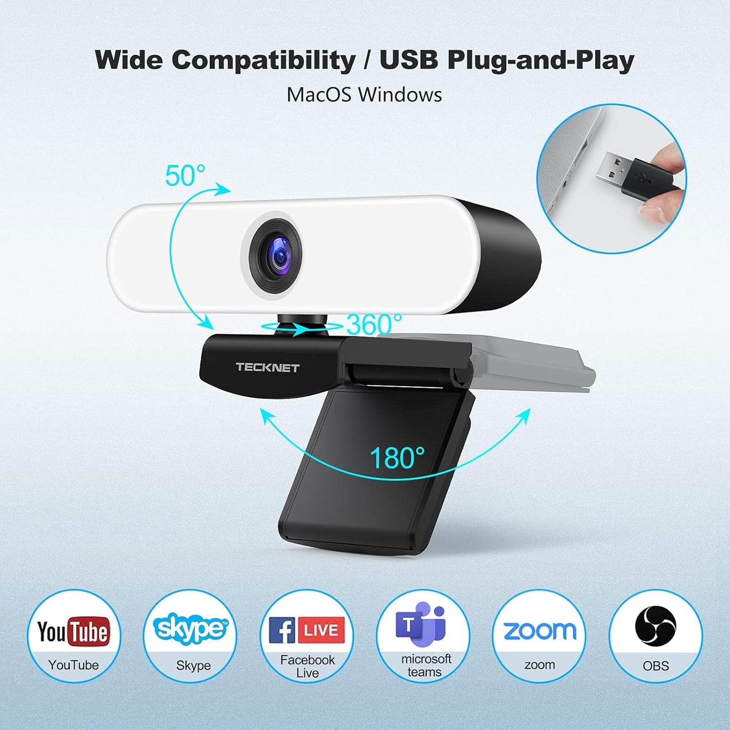 TECKNET 1080P Webcam with Microphone for Desktop, Streaming Webcam with 3-Level Brightness Adjustable Ring Light, USB PC Computer Camera for Video Conferencing/Calling/Live Streaming/Online Learning
