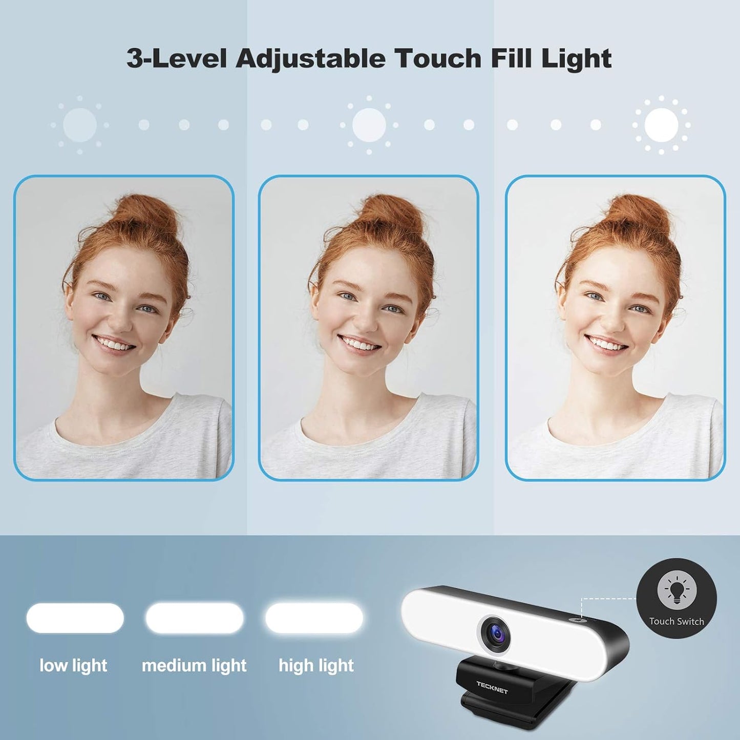 TECKNET 1080P Webcam with Microphone for Desktop, Streaming Webcam with 3-Level Brightness Adjustable Ring Light, USB PC Computer Camera for Video Conferencing/Calling/Live Streaming/Online Learning