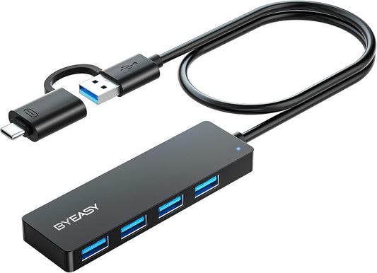 BYEASY USB Hub, USB 3.1 Type-C to USB-A 3.0 Hub with 4 Ports and 2ft Extended Cable, Ultra Slim Portable USBC Splitter for MacBook, Mac Pro/Mini, iMac, PS5, Surface Pro, Flash Drive(Black)
