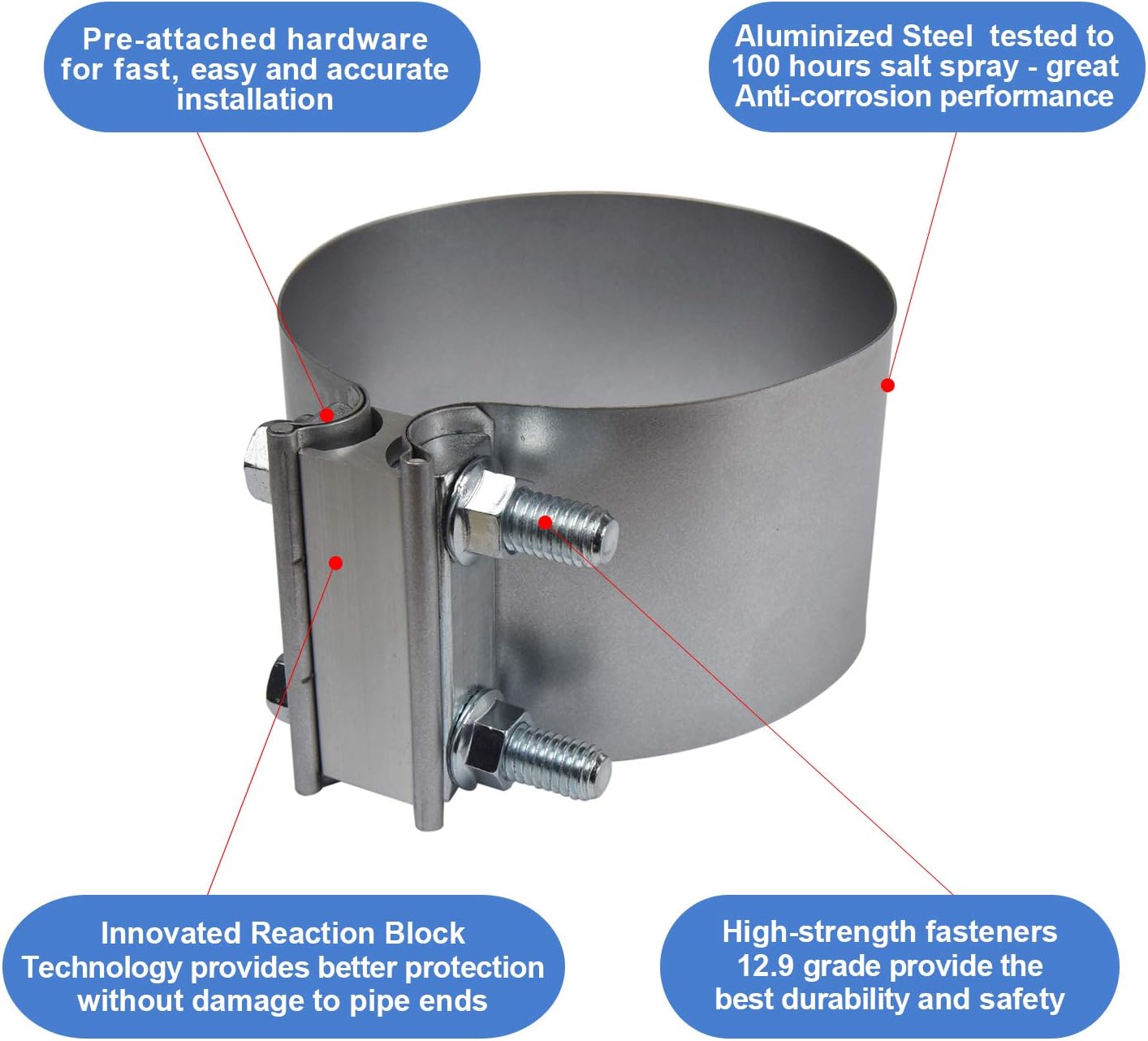 4" Butt Joint Exhaust Band Clamp - Aluminized Steel for 4" OD Exhaust Pipes, Mufflers, Elbows and Exhaust Tubings Connection