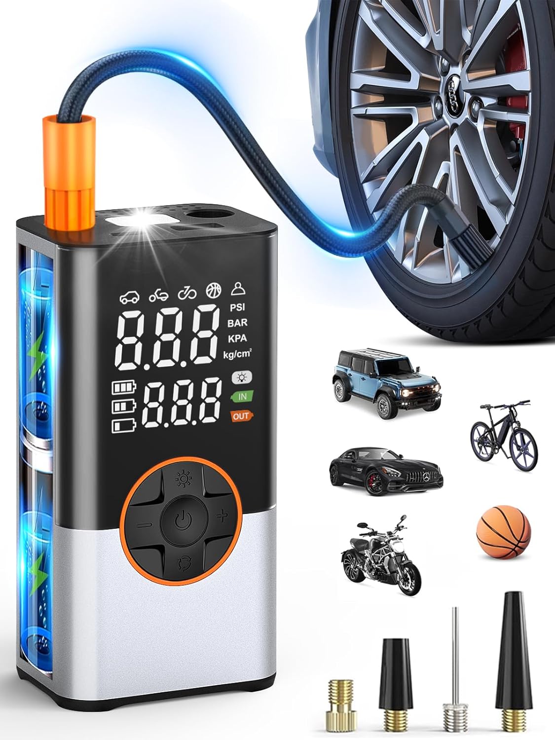 BIBURY 8000 mAh Electric Air Pump Bicycle Air Pump Electric 150 PSI with 5 Modes Battery Compressor Air Compressor Portable Bicycle Pump with LED Digital Display, LED Light for Car Moto Bicycle Balls